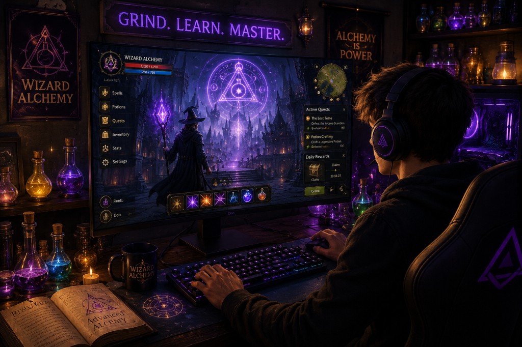 Wizard Alchemy player setup with game on monitor, potions, and alchemy guides on desk